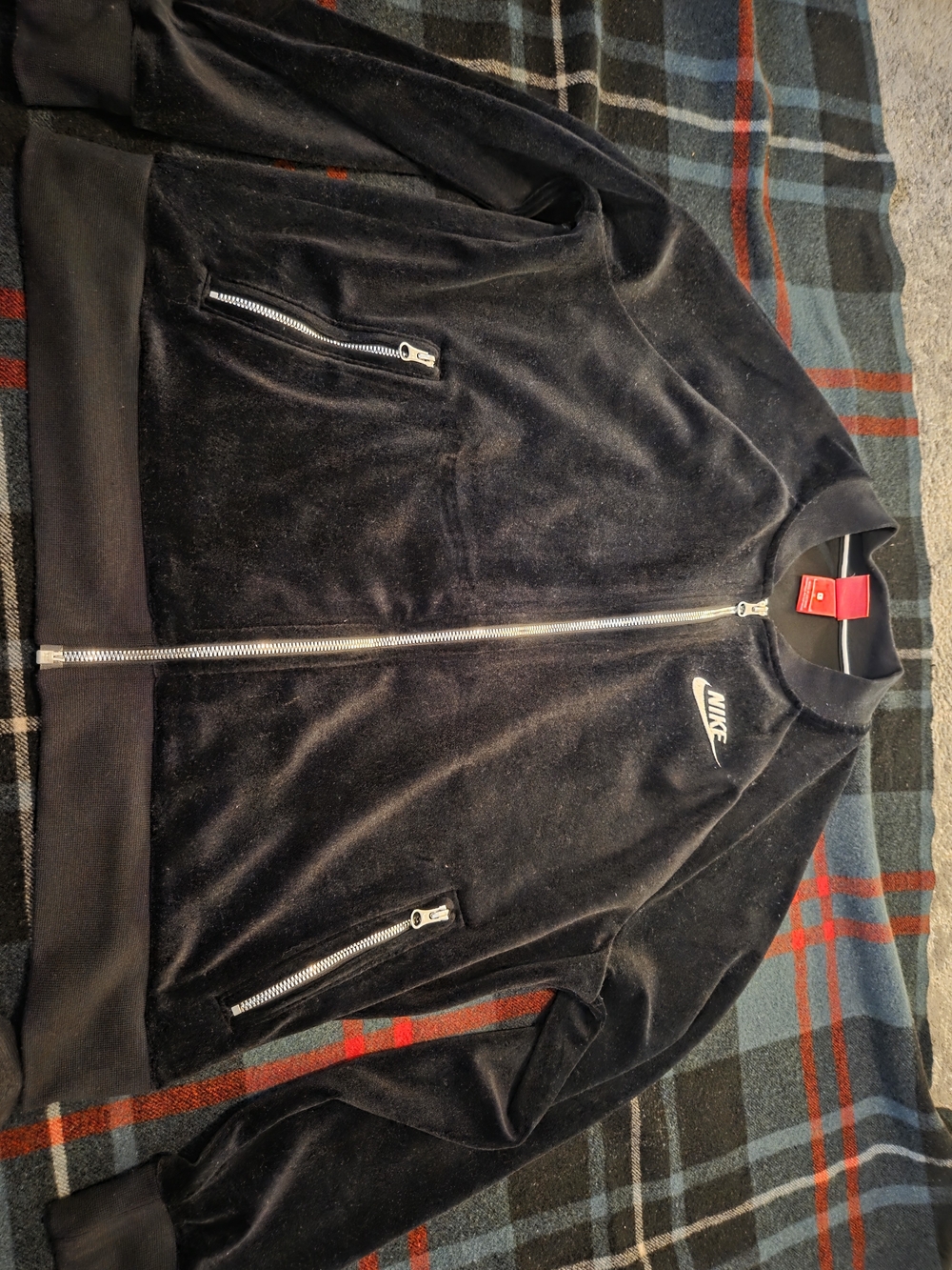 Nike Black Velvet Full-Zip Bomber Jacket with Silver Zippers